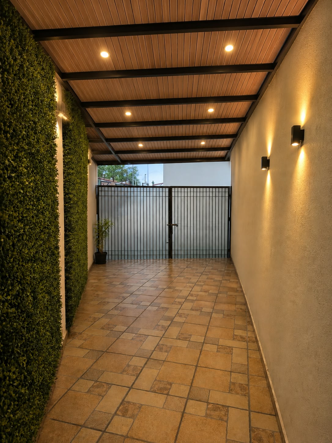 Pasillo terminado con cubierta, iluminación y acabados